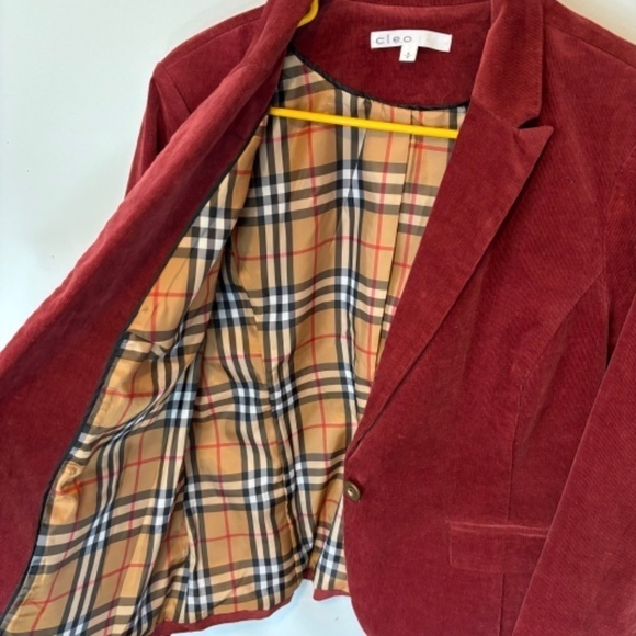 Cleo Women's Burgundy Corduroy Single Breasted Blazer, Plaid Lining SZ Small - Picture 4 of 10